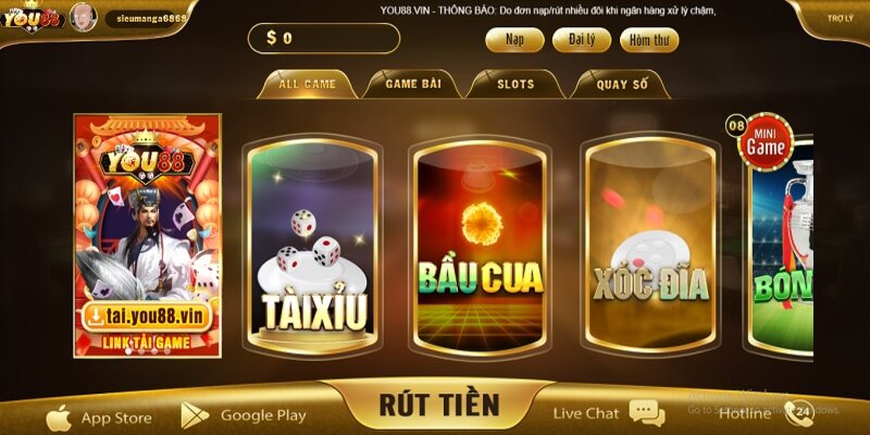 Nhiều tựa game hấp dẫn tại You88 Casino